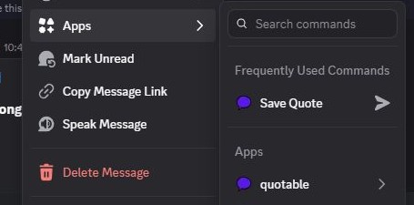 Real Discord message menu: Apps is expanded and Quotable’s Save Quote command is available